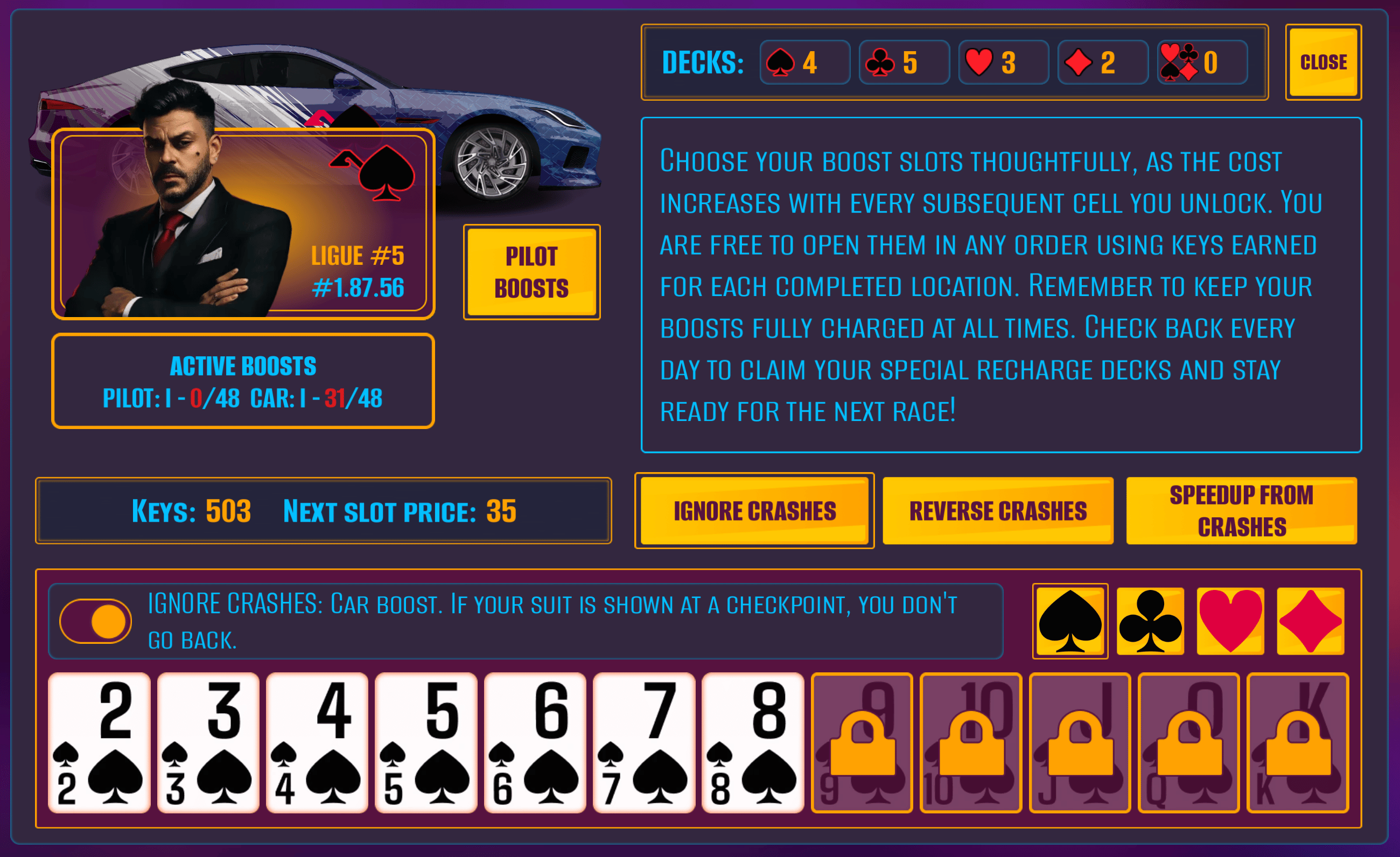 Racing car passing a checkpoint with card suit symbols.