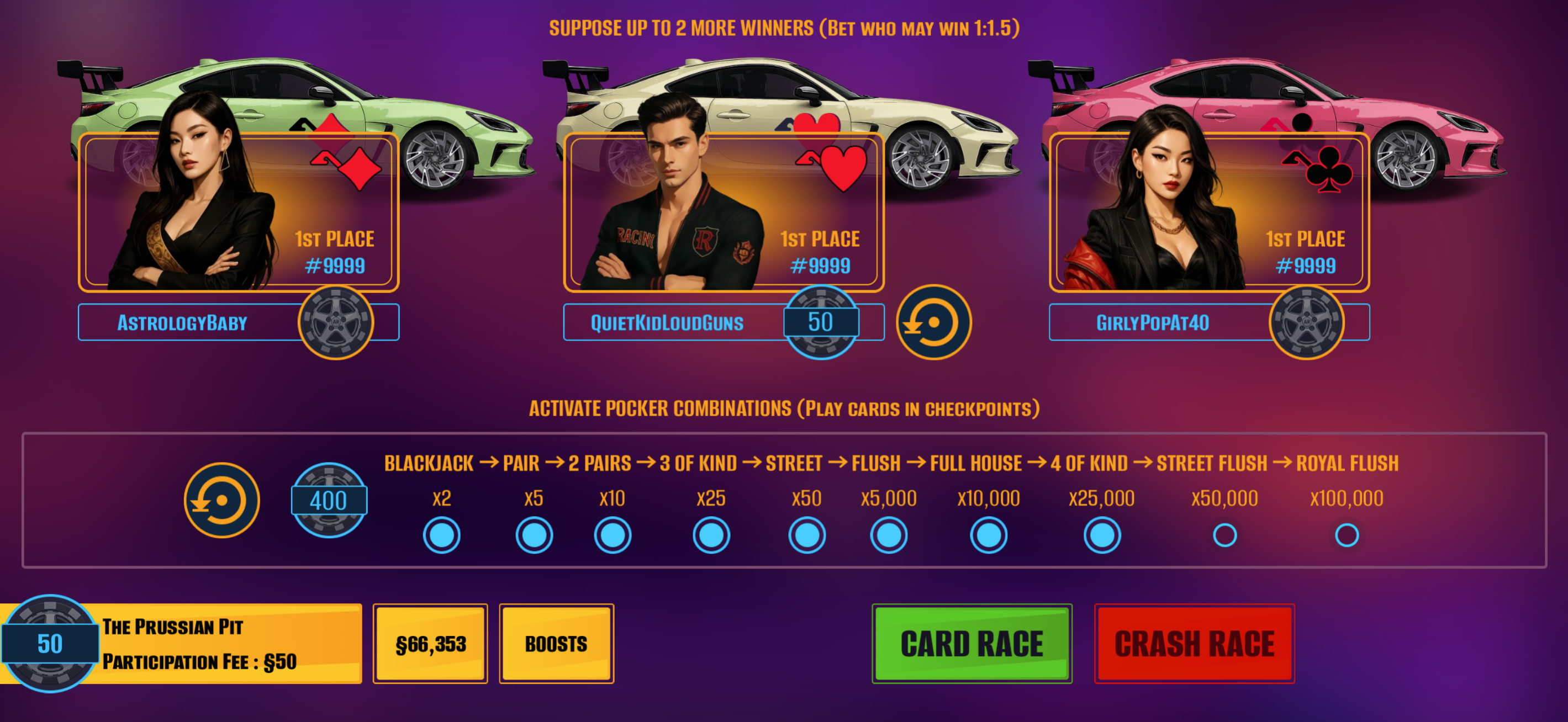 Betting interface for suits and poker-style combos