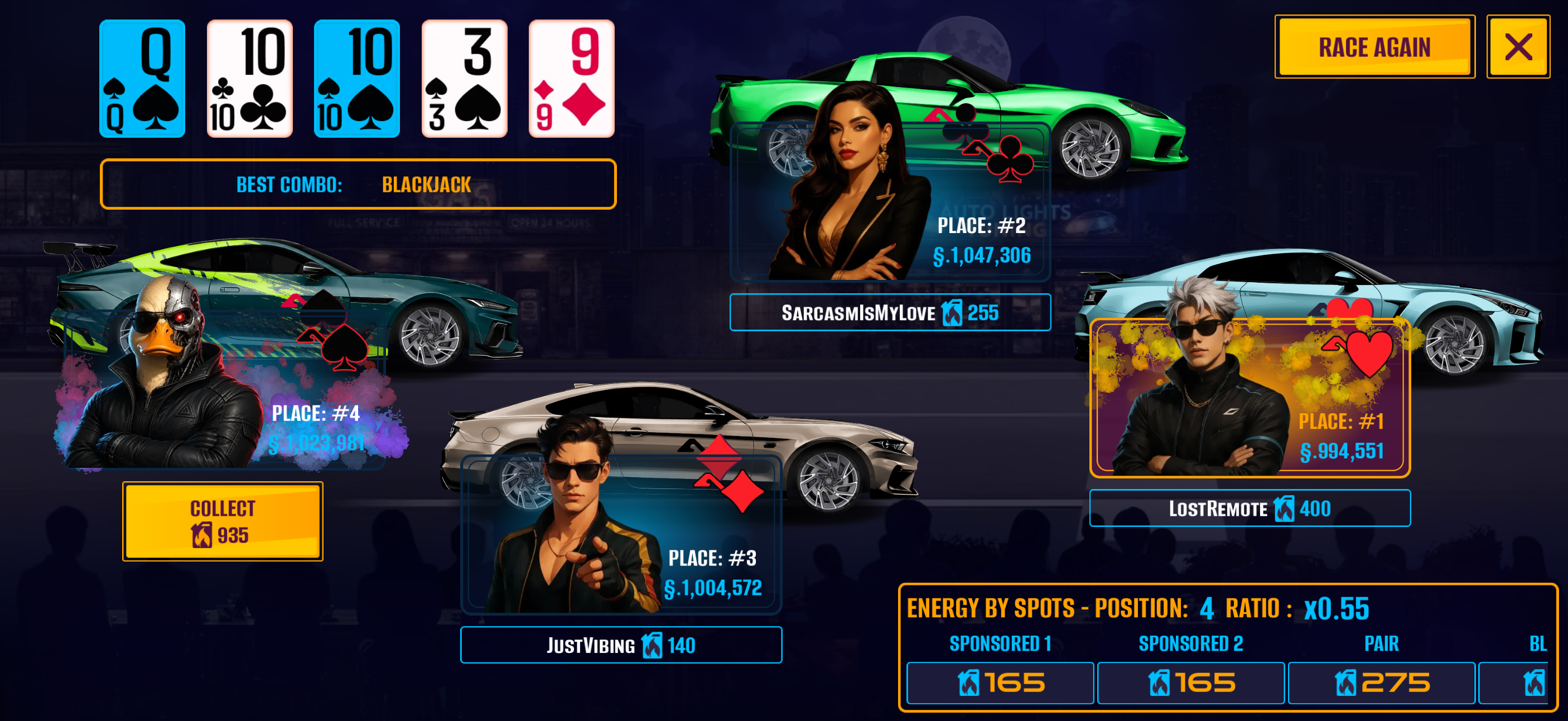 Reward claim screen after a successful race. Race results screen with breakdown of main, side, and combo rewards.