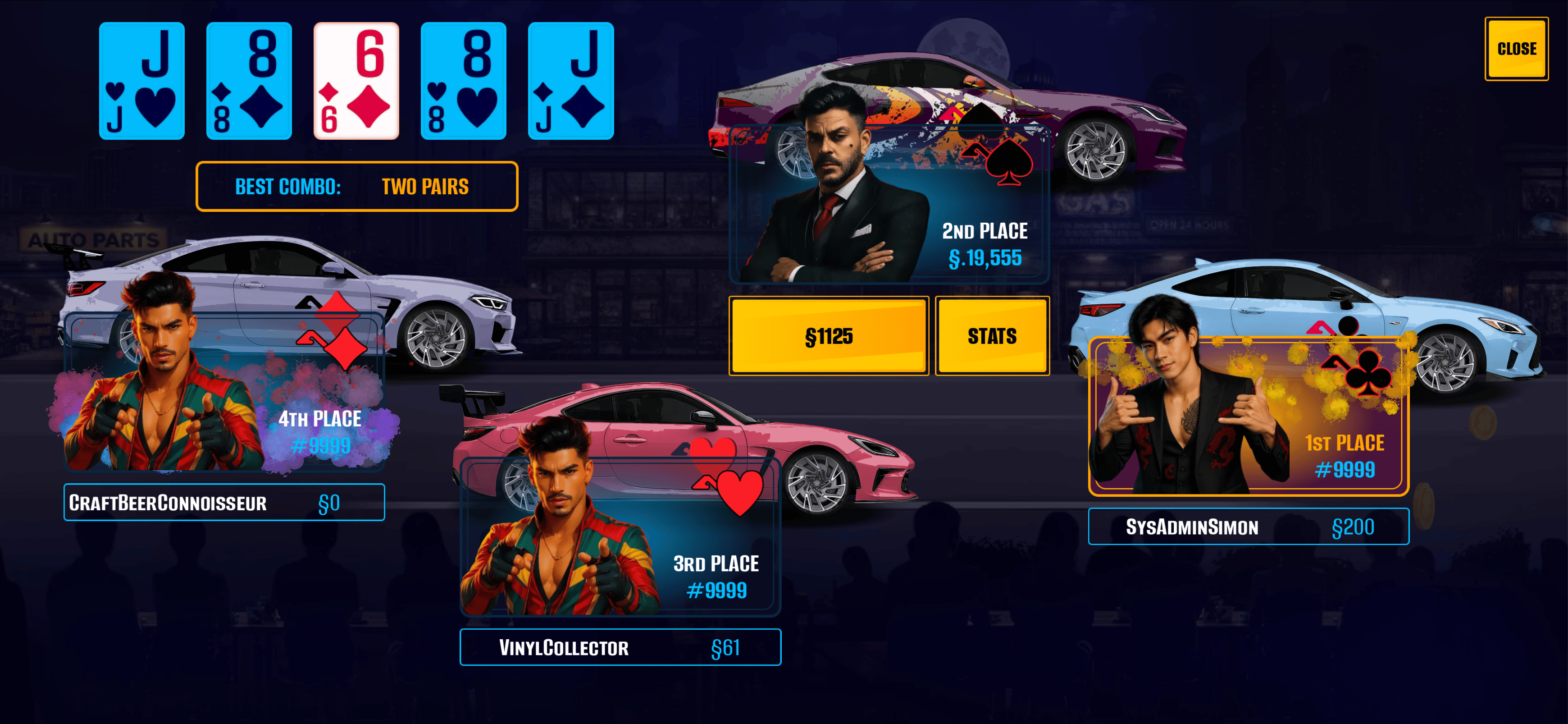 Reward claim screen after a successful race. Race results screen with breakdown of main, side, and combo rewards.